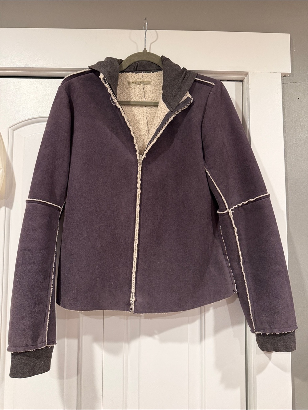 Velvet Dark Purple Sherpa-Trim Hooded jacket medium